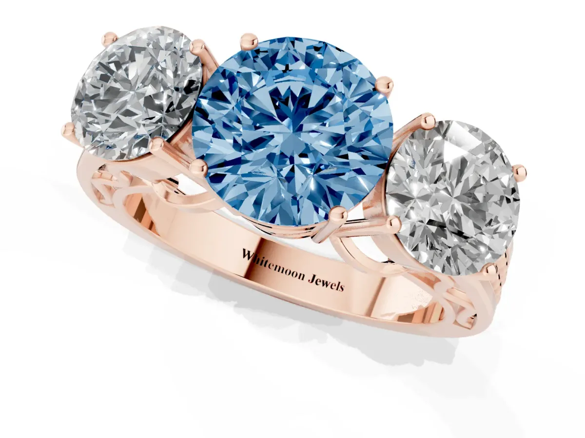 Fancy Blue Round Cut Diamond Three-Stone Ring with Prong Setting and Textured Band Rose gold
