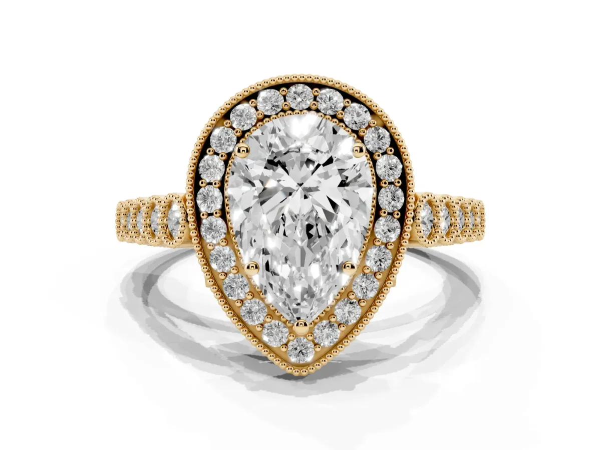 Pear Cut Halo Twist Band Solitaire Ring with Six-Prong Setting Yellow gold