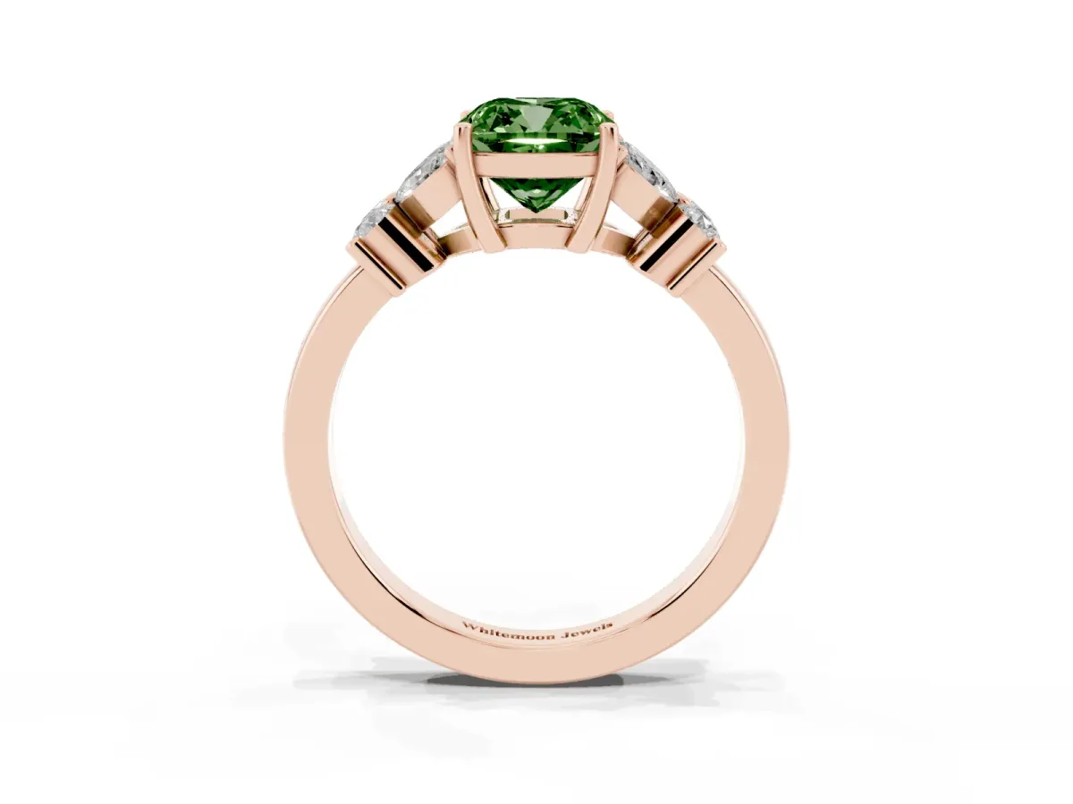 Fancy Green Cushion Cut Diamond Floral Cluster Ring with Solitaire Band and Prong Setting Rose gold