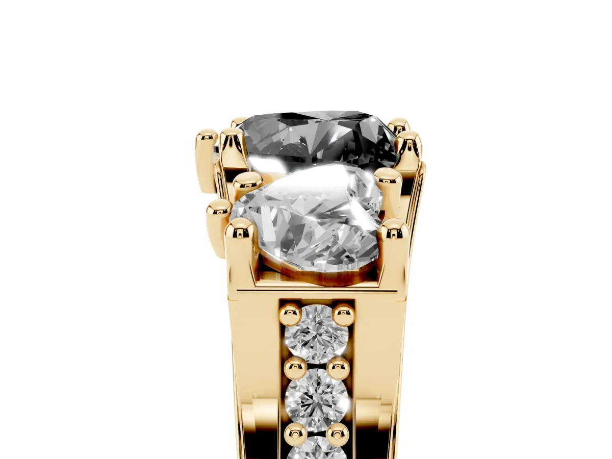 Fancy Black Heart Cut Diamond Three-Stone Ring with Channel Set Band and Four-Prong Setting Yellow gold