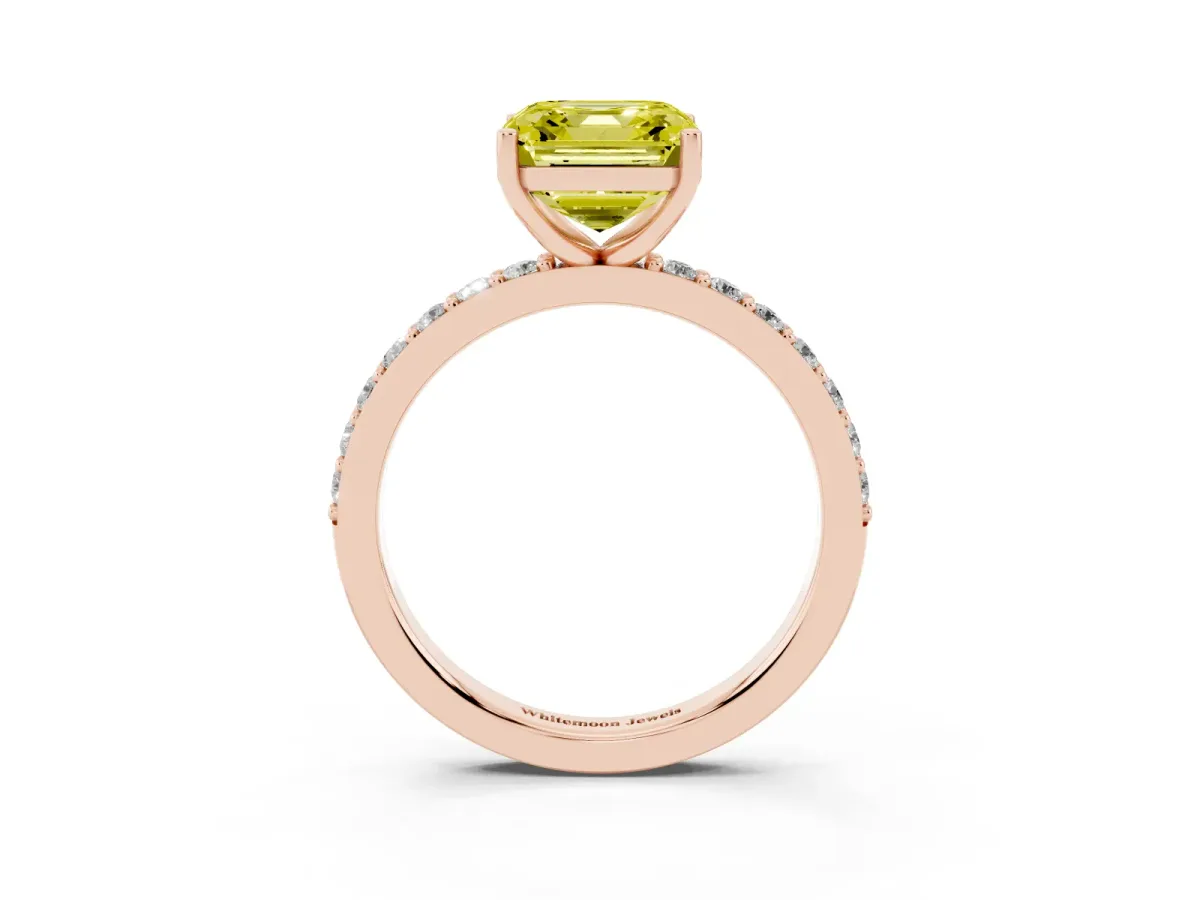 Fancy Yellow Asscher Cut Cut Diamond Solitaire with Pave Band and Four-Prong Setting Rose gold