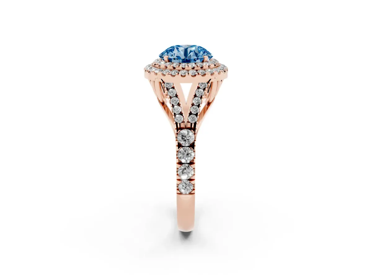 Fancy Blue Round Cut Diamond Pavé Split Shank Double Halo Engagement Ring Rose gold