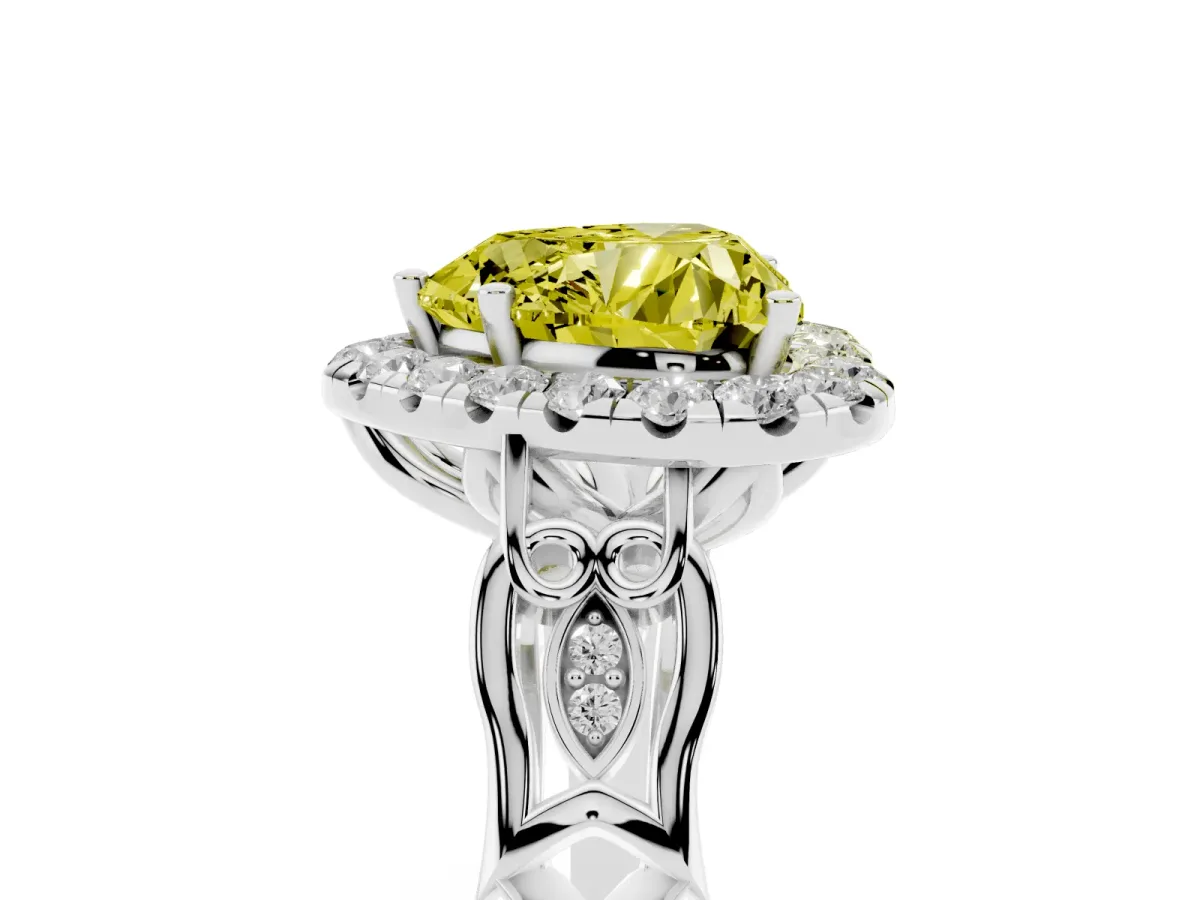Fancy Yellow Heart Cut Halo Diamond Engagement Ring with Filigree Band and Four-Prong Setting Silver