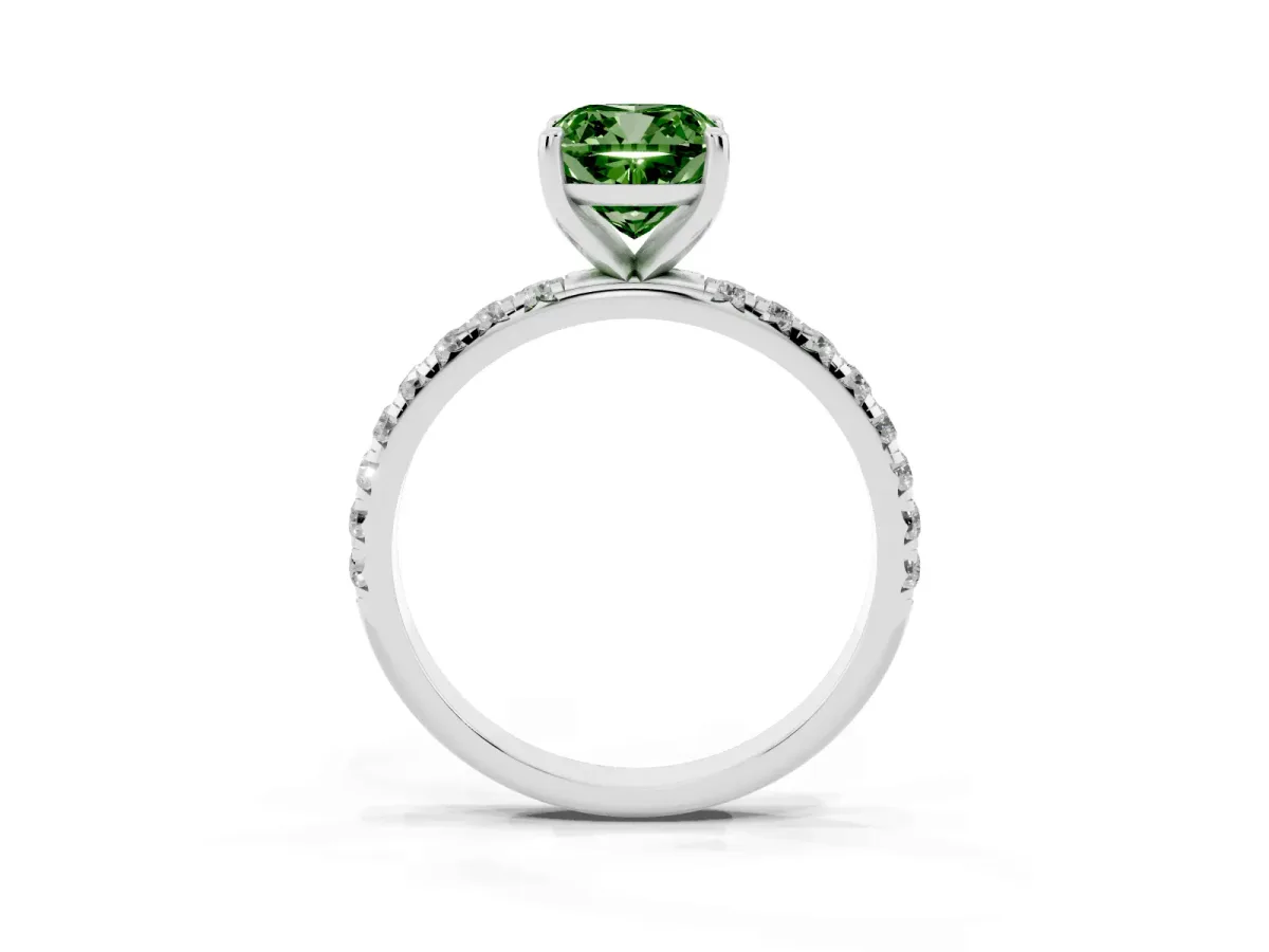 Fancy Green Cushion Cut Cut Diamond Solitaire Ring with Micro Pave Band and Four Prong Setting Silver