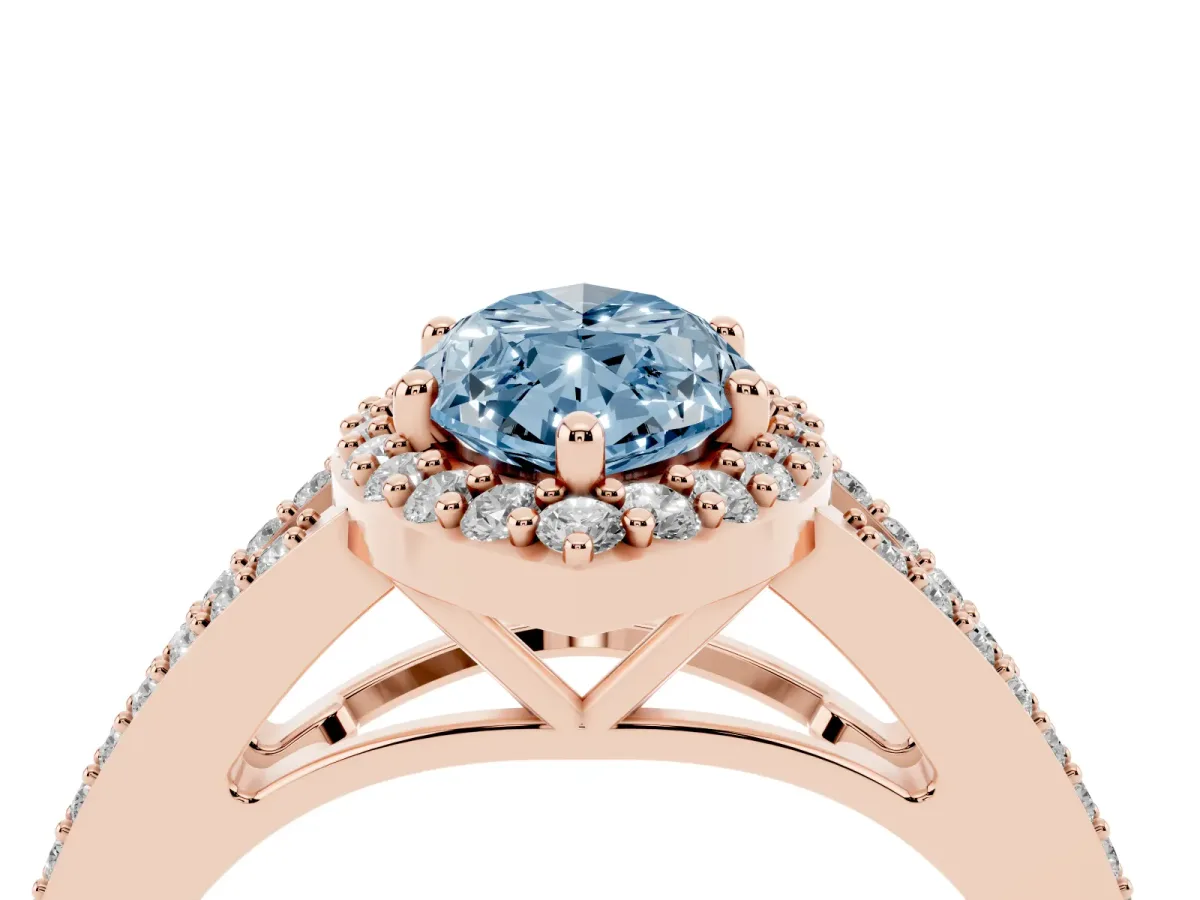 Fancy Blue Marquise Cut Halo Split Shank Diamond Ring with Prong Setting Rose gold