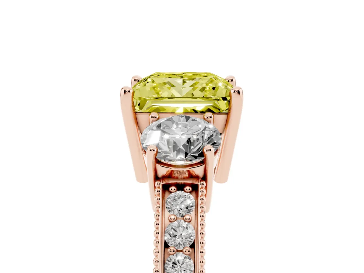 Fancy Yellow Princess Cut Three-Stone Diamond Ring with Pavé Band and Four-Prong Setting Rose gold