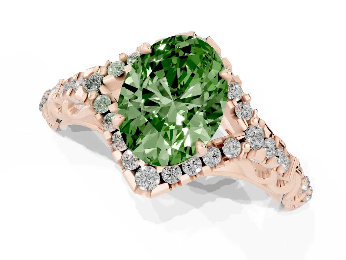 Fancy Green Oval Cut Diamond Solitaire Ring with Hidden Halo and Pavé Band Rose gold
