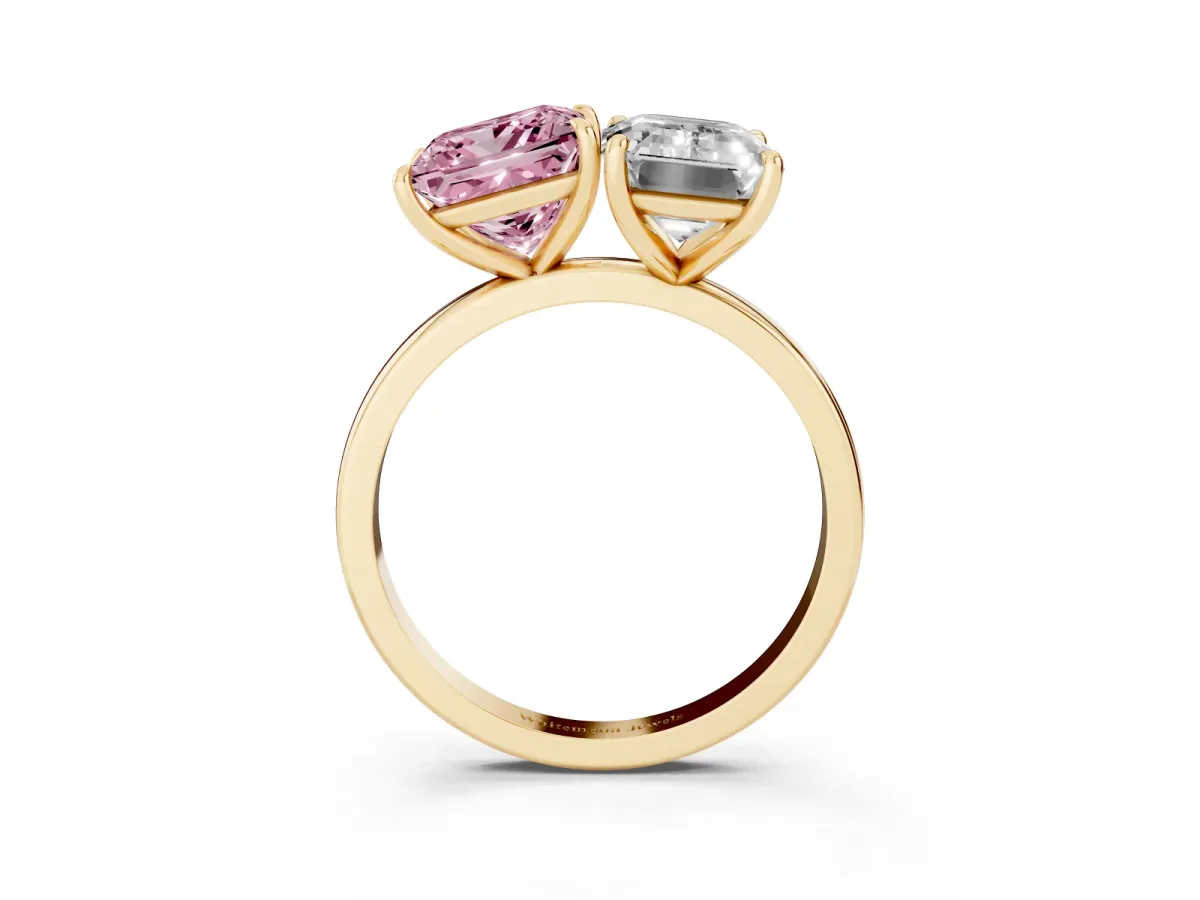 Fancy Pink Princess Cut and Emerald Cut Toi Moi Ring with Prong Setting Yellow gold