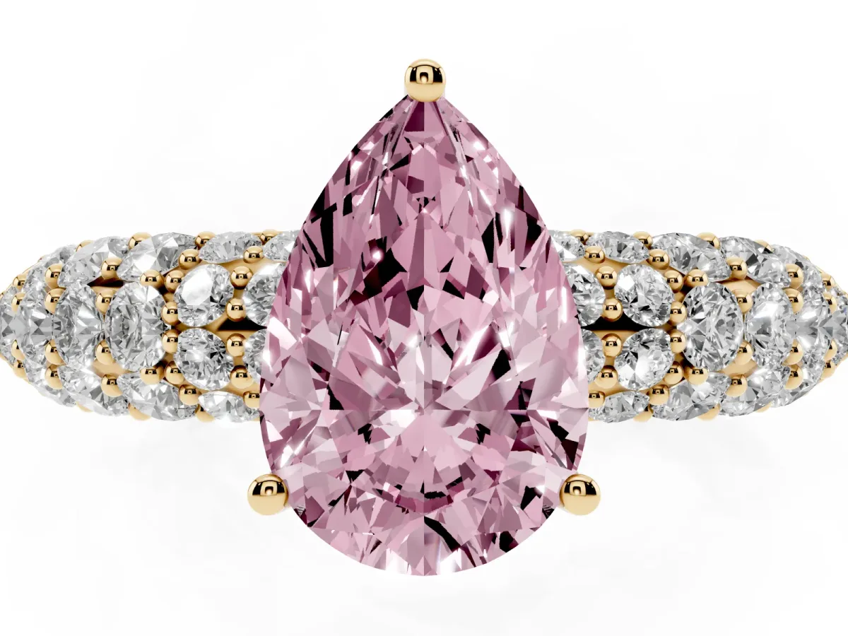 Fancy Pink Pear Cut Diamond Pavé Band Solitaire Ring with Four-Prong Setting Yellow gold