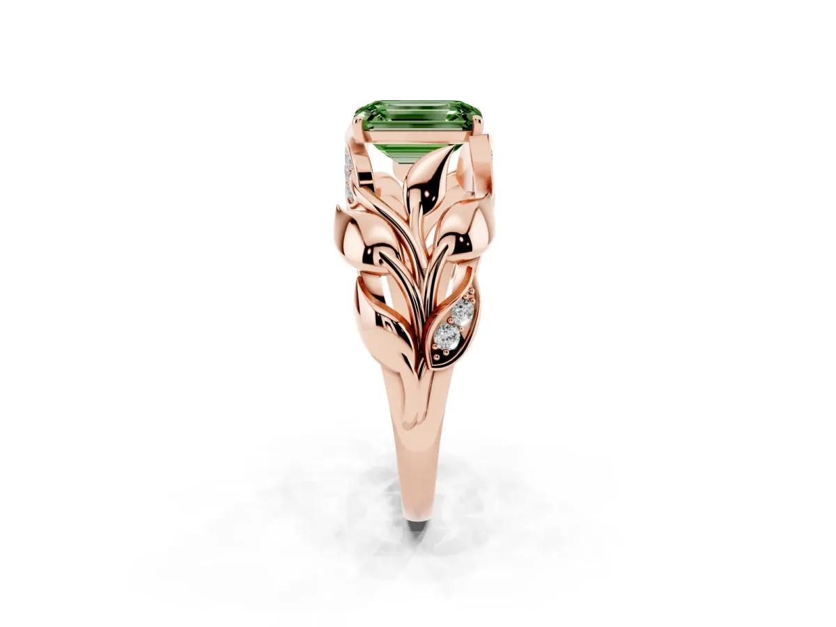 Fancy Green Emerald Cut Diamond Leaf-Inspired Engagement Ring with Round Accents and Prong Setting Rose gold