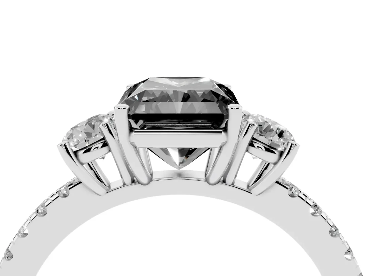 Fancy Black Three-Stone Radiant Cut Cut Diamond Pavé Band with Prong Setting Silver