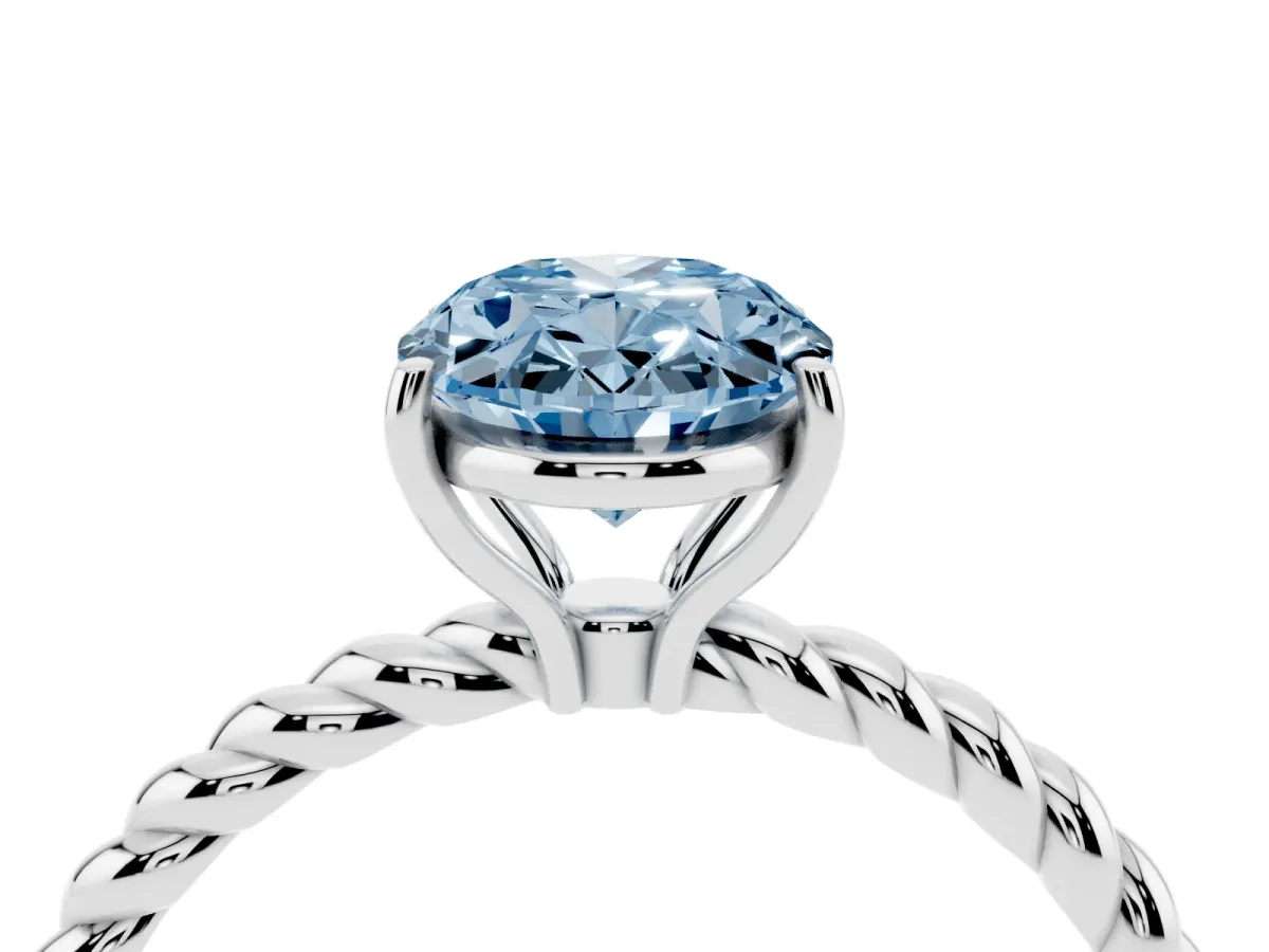 Fancy Blue Oval Cut Solitaire Twist Band Ring with Four-Prong Setting White gold