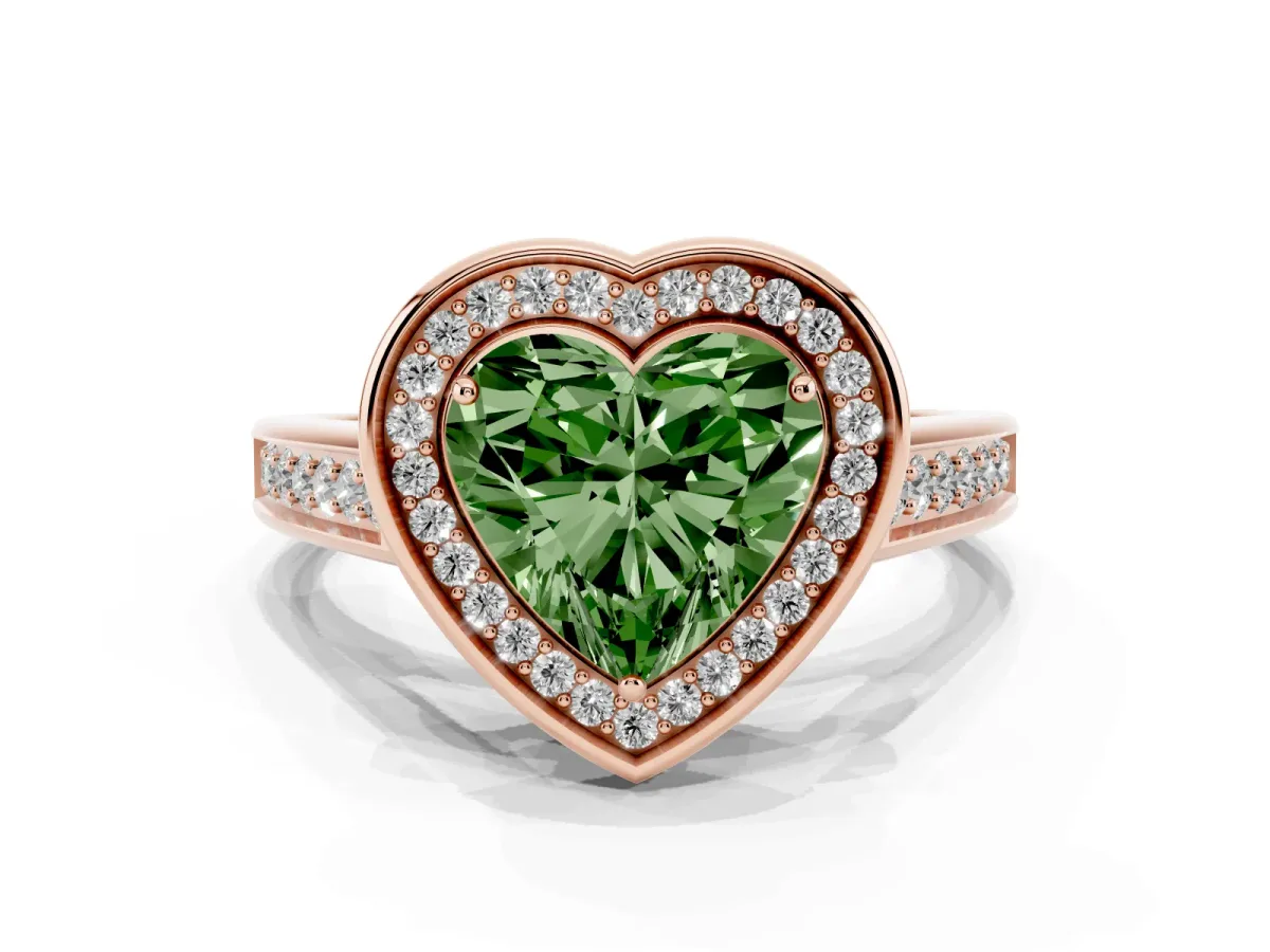 Fancy Green Heart Cut Halo Solitaire Diamond Ring with Pave Band and Bezel Setting Rose gold