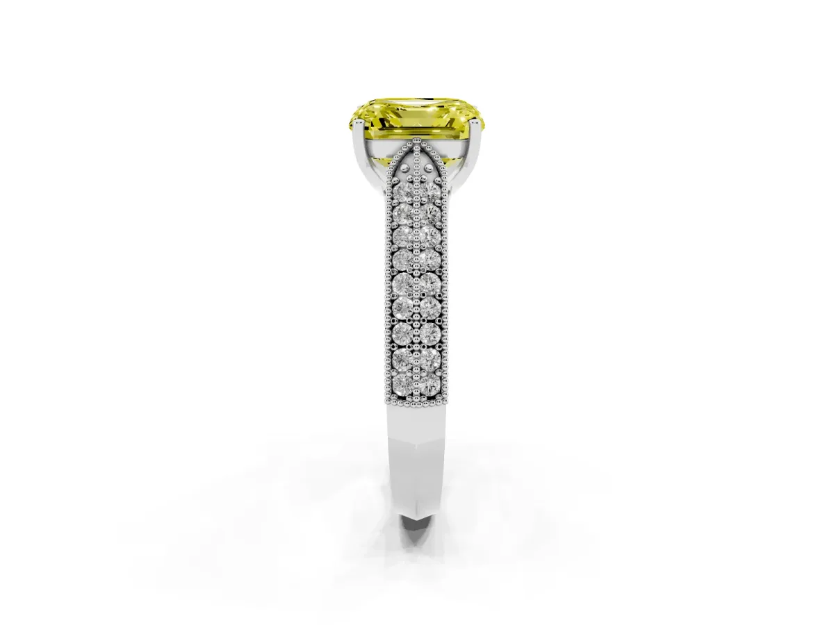 Fancy Yellow Asscher Cut Cut Pave Split Shank Engagement Ring with Four-Prong Setting Platinum