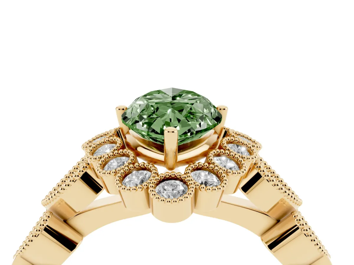 Fancy Green Marquise Cut Brilliant Milgrain Pave Heart Band Solitaire Ring Yellow gold