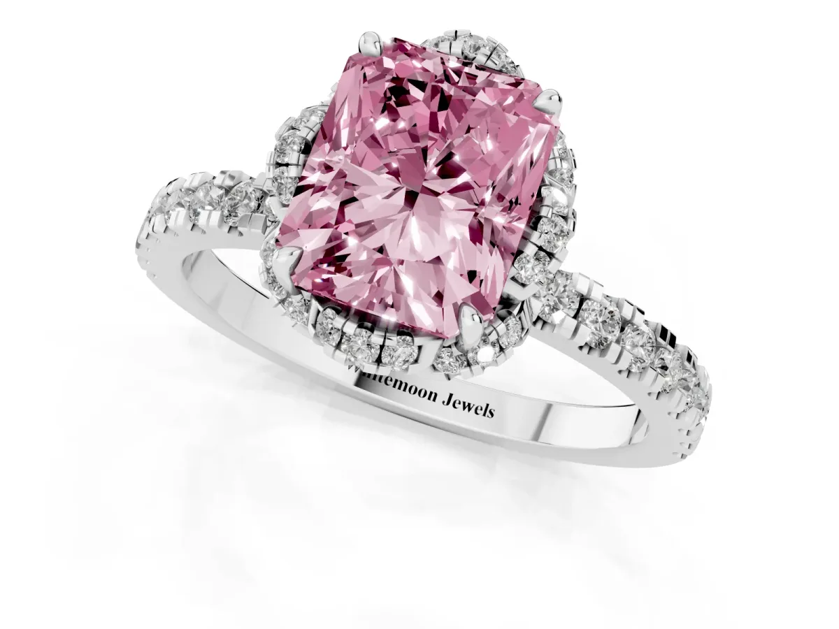 Fancy Pink Radiant Cut Halo Diamond Pave Band Ring with Four-Prong Setting Silver