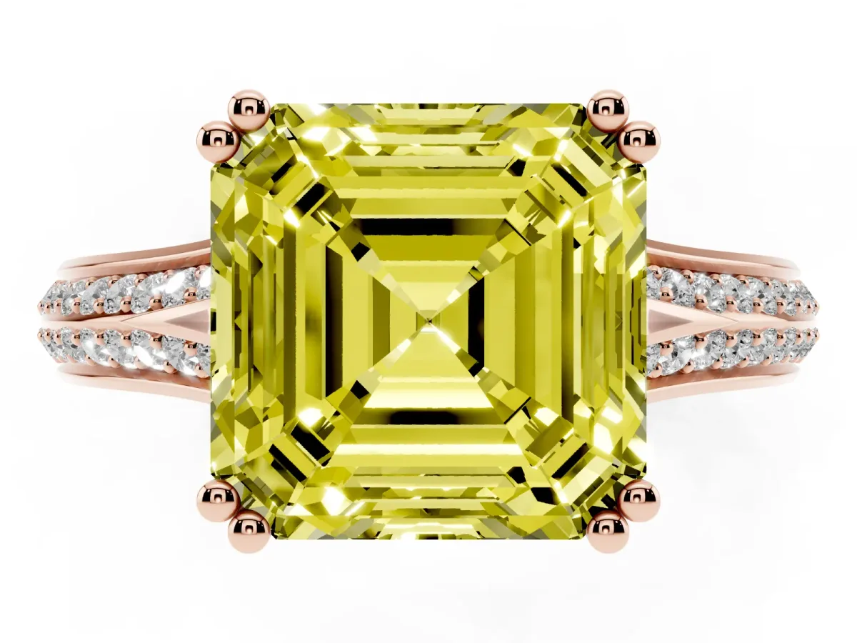 Fancy Yellow Asscher Cut Diamond Split Shank Engagement Ring with Pavé Band Rose gold