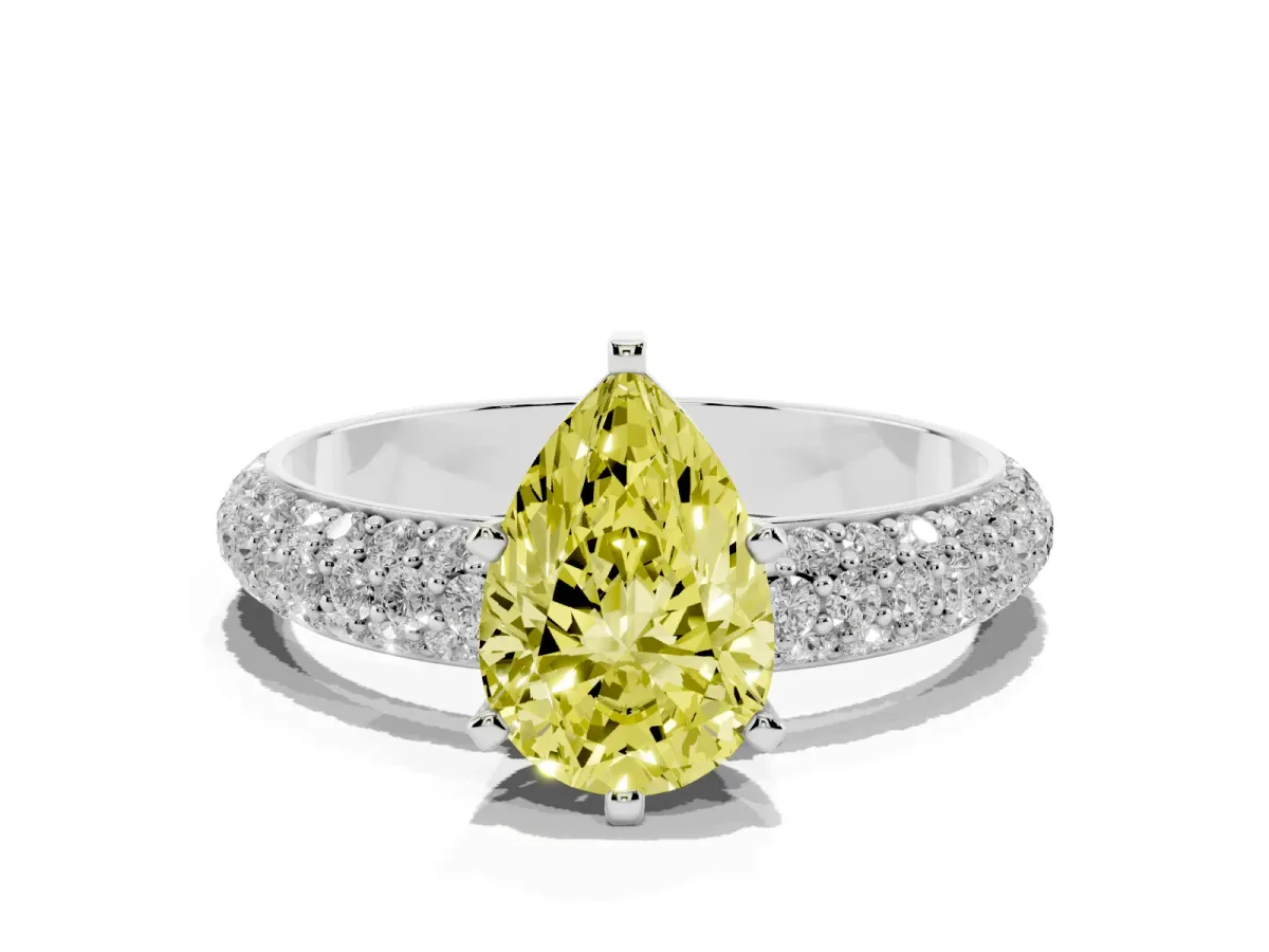 Fancy Yellow Pear Cut Diamond Solitaire Ring with Prong Setting and Pavé Band Silver
