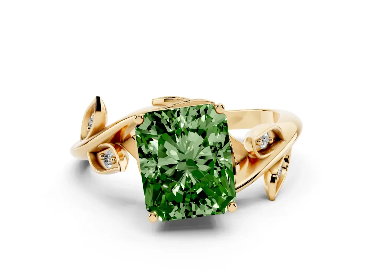 Fancy Green Radiant Cut Solitaire Twist Engagement Ring with Leaf Accents and Prong Setting Yellow gold