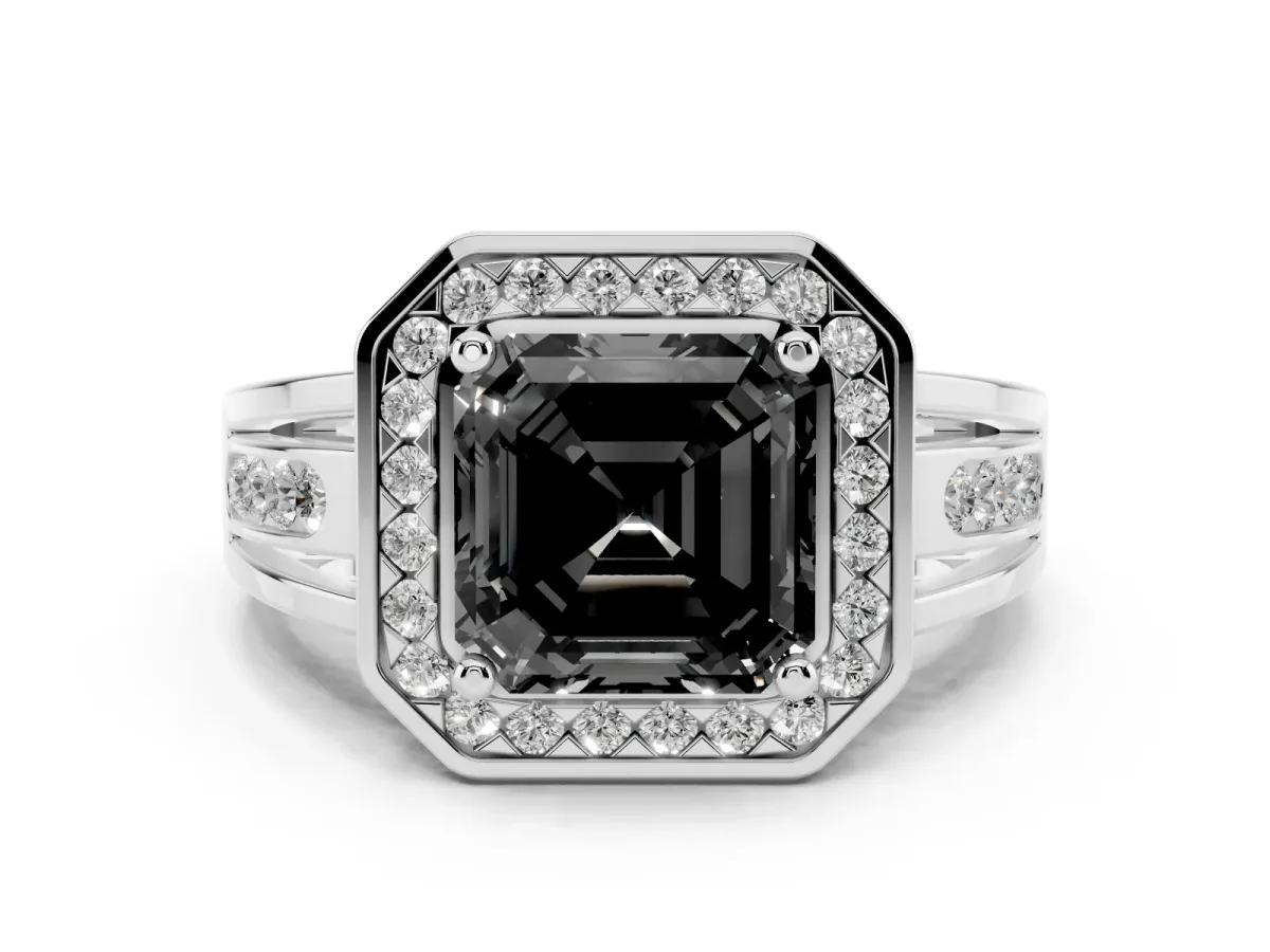 Fancy Black Asscher Cut Diamond Halo Ring with Split Shank and Bezel Accents and Prong Setting Silver