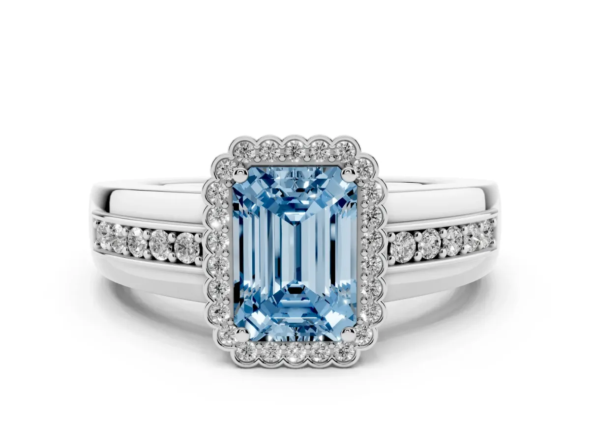 Fancy Blue Emerald Cut Cut Halo Pave Band Four-Prong Ring Silver