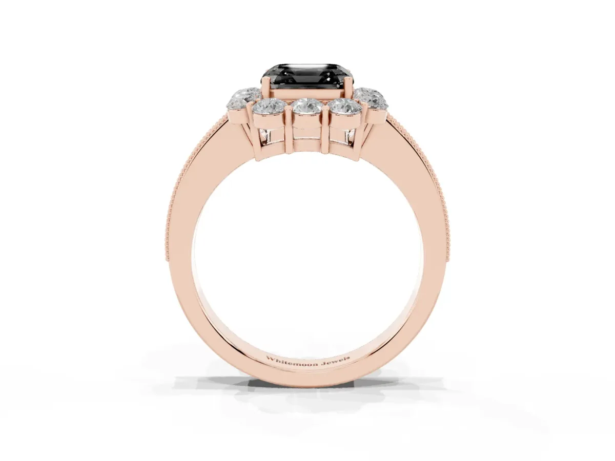 Fancy Black Asscher Cut Cut Halo Diamond Pavé Engagement Ring with Milgrain Detailing Rose gold
