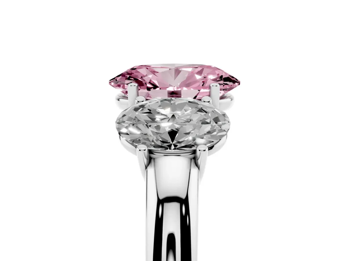 Fancy Pink Oval Cut Diamond Three-Stone Ring with Four-Prong Setting and Classic Band Silver
