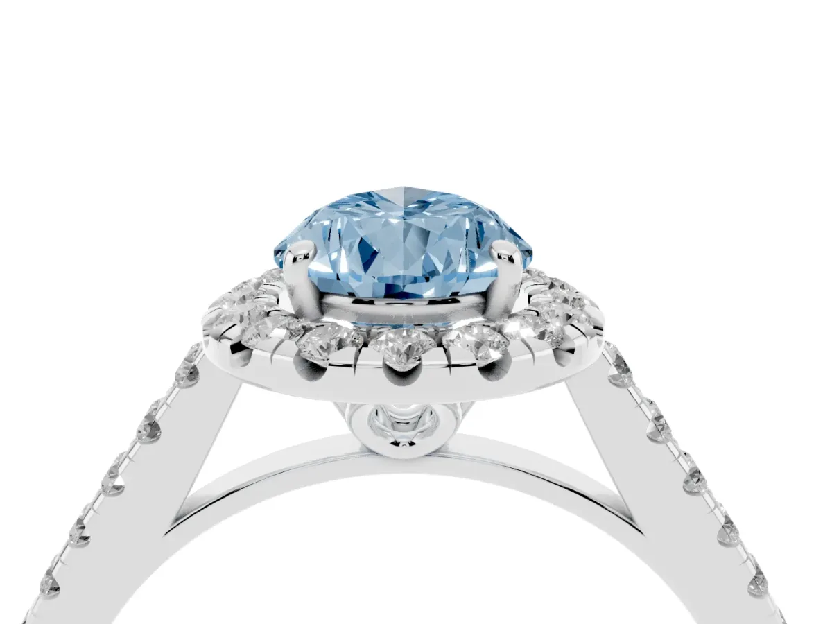 Fancy Blue Pear Cut Halo Pavé Diamond Engagement Ring with Four-Prong Setting Silver