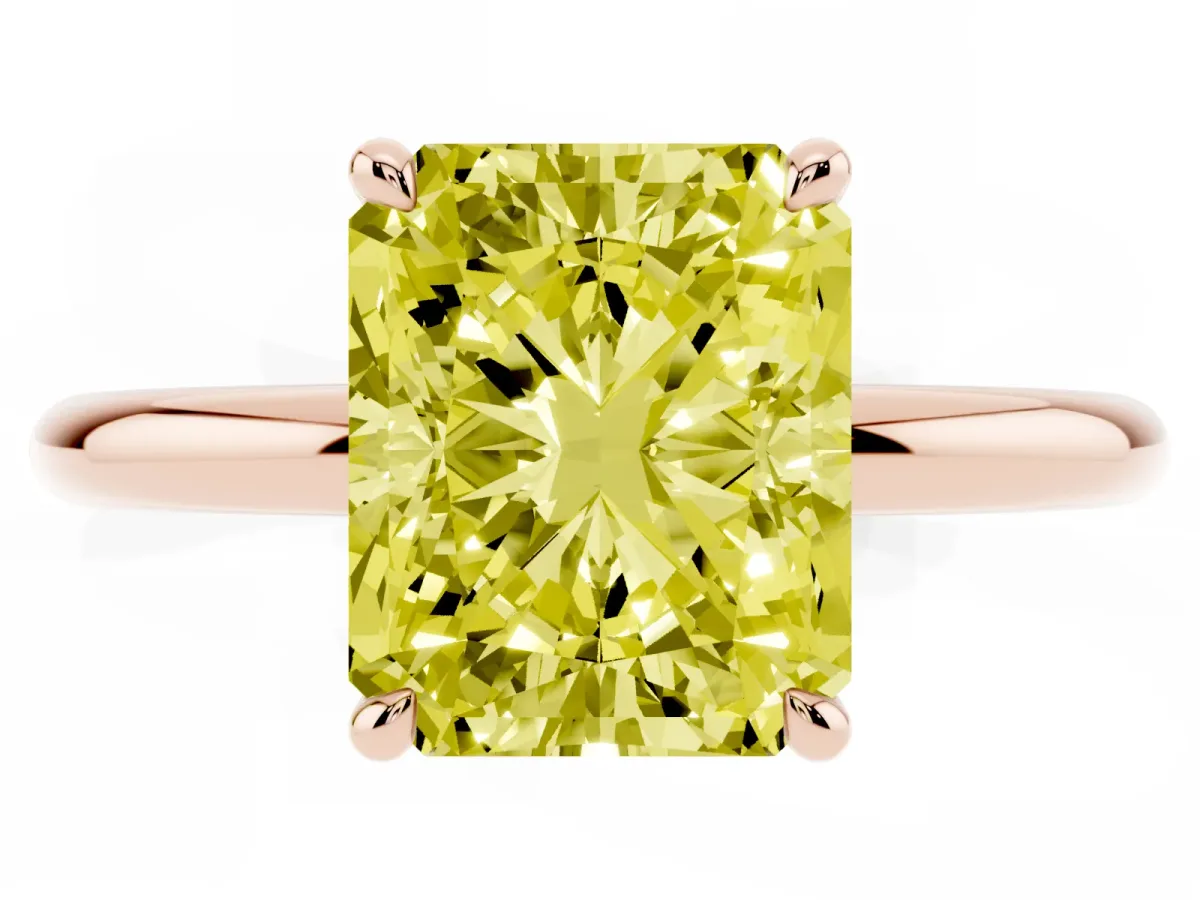 Fancy Yellow Radiant Cut Diamond Solitaire Ring with Thin Band and Four-Prong Setting Rose gold