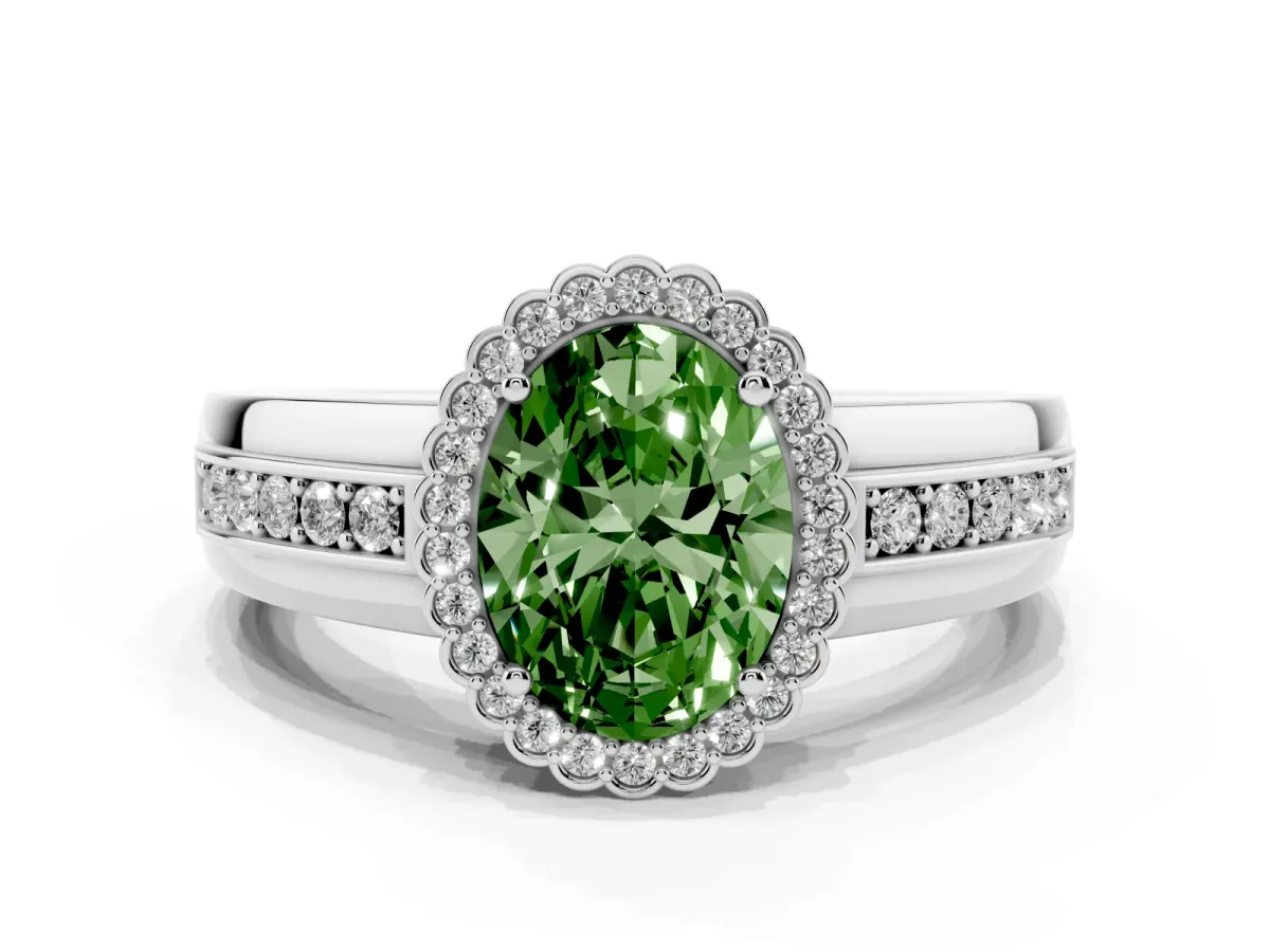 Fancy Green Oval Cut Cut Halo Pave Band Four-Prong Ring Silver