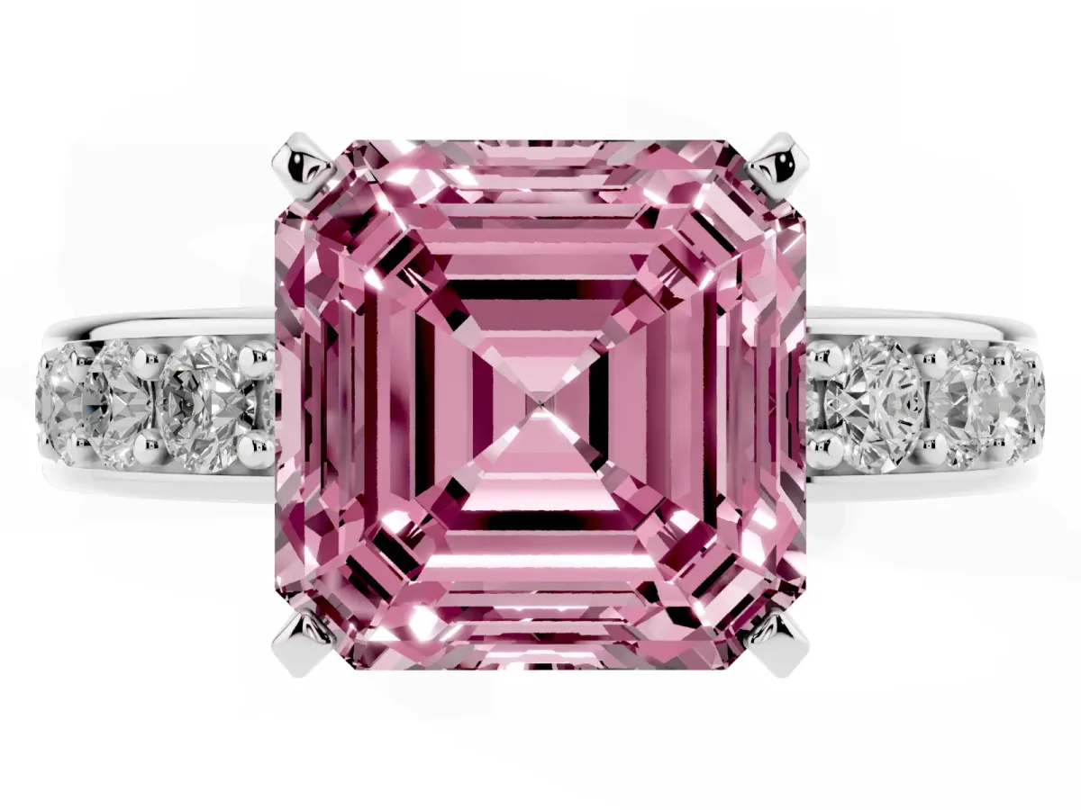 Fancy Pink Asscher Cut Diamond Engagement Ring with Channel Set Round Band and Prong Setting White gold
