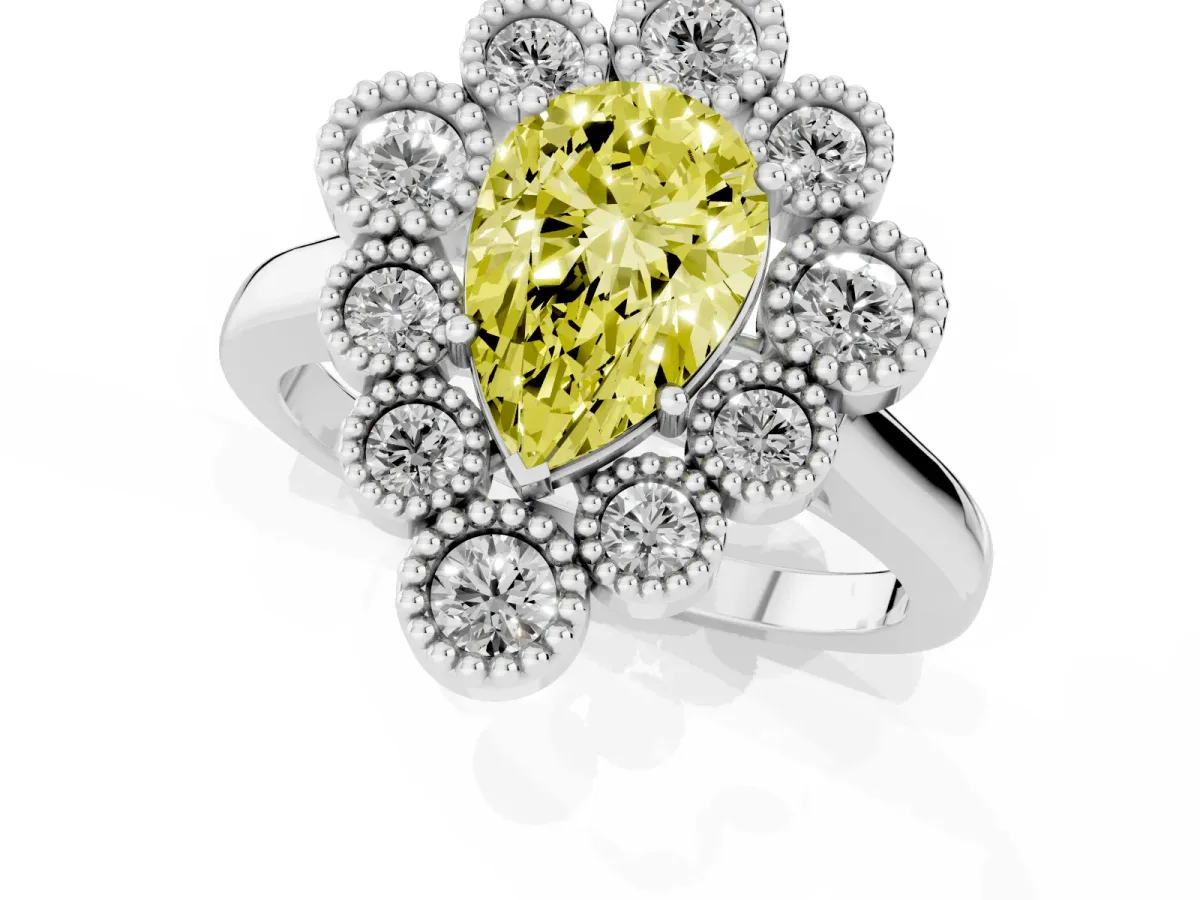 Fancy Yellow Pear Cut Halo Diamond Cluster Engagement Ring with Milgrain Bezel Setting and Solitaire Band Platinum