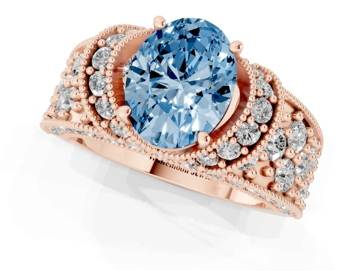 Fancy Blue Oval Cut Halo Pave Diamond Engagement Ring with Milgrain Detailing Rose gold
