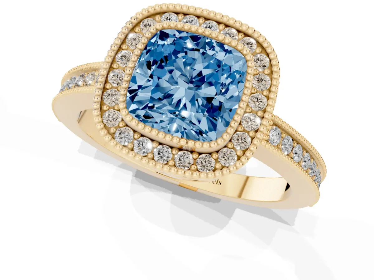 Fancy Blue Cushion Cut Cut Halo Diamond Ring with Pavé Band and Milgrain Prong Setting Yellow gold