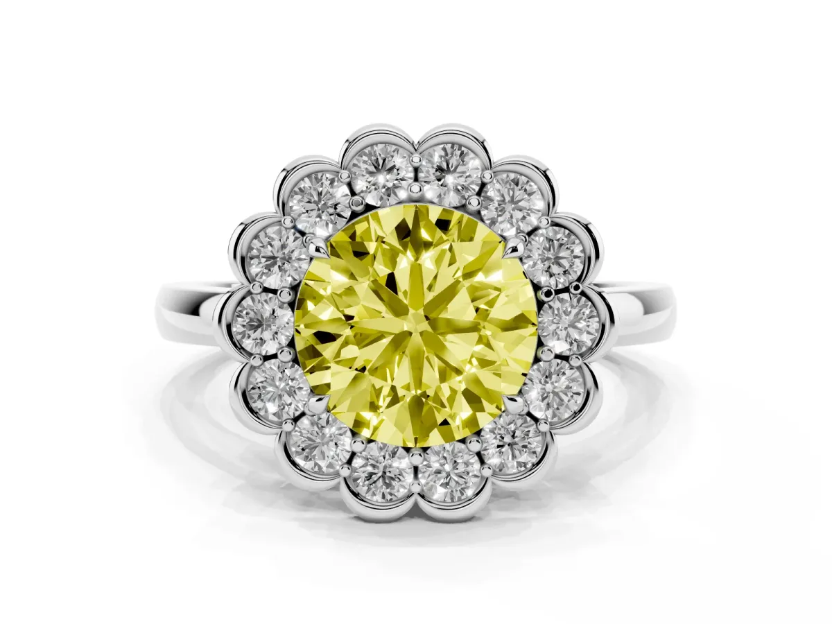 Fancy Yellow Round Cut Halo Cluster Diamond Engagement Ring with Solitaire Band and Prong Setting Platinum