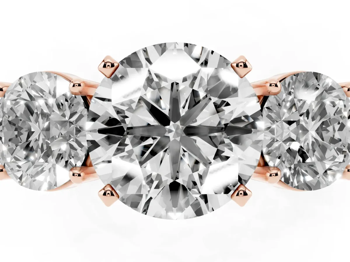 Three-Stone Round Cut Diamond Ring with Round Side Stones, Classic Band, and Four-Prong Setting Rose gold