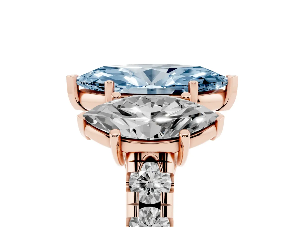 Fancy Blue Three-Stone Marquise Cut Diamond Pavé Band with Prong Setting Rose gold
