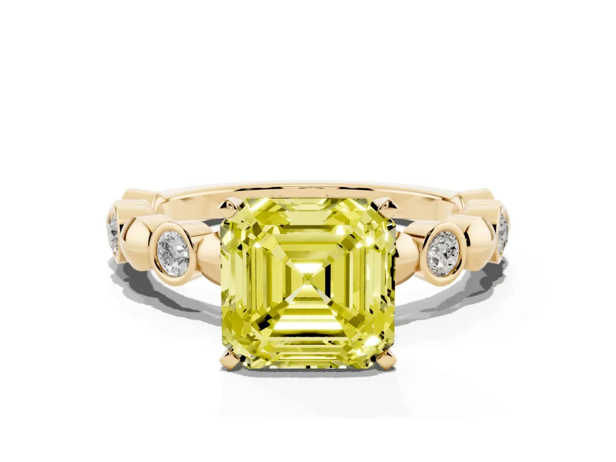 Fancy Yellow Asscher Cut Solitaire Bezel-Set Diamond Ring with Beaded Band and Four-Prong Setting Yellow gold