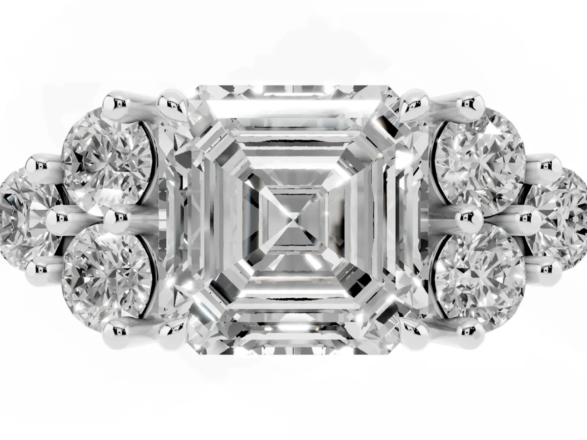 Asscher Cut Brilliant Diamond Cluster Accent Solitaire Ring with Prong Setting Platinum