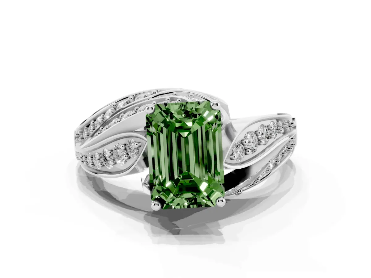 Fancy Green Emerald Cut Diamond Solitaire Ring with Prong Setting and Twisted Pavé Band Silver