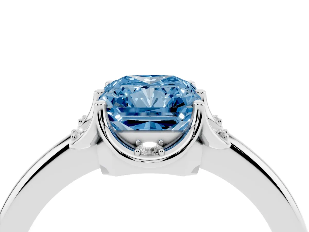Fancy Blue Radiant Cut Halo Diamond Ring with Round Cluster Setting, Solitaire Band, and Four-Prong Setting Platinum