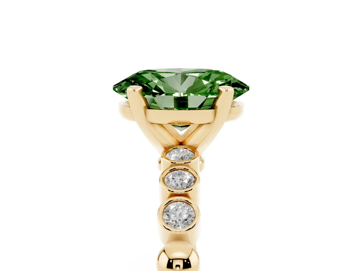 Fancy Green Oval Cut Solitaire Bezel Accent Diamond Engagement Ring with Beaded Band and Four-Prong Setting Yellow gold