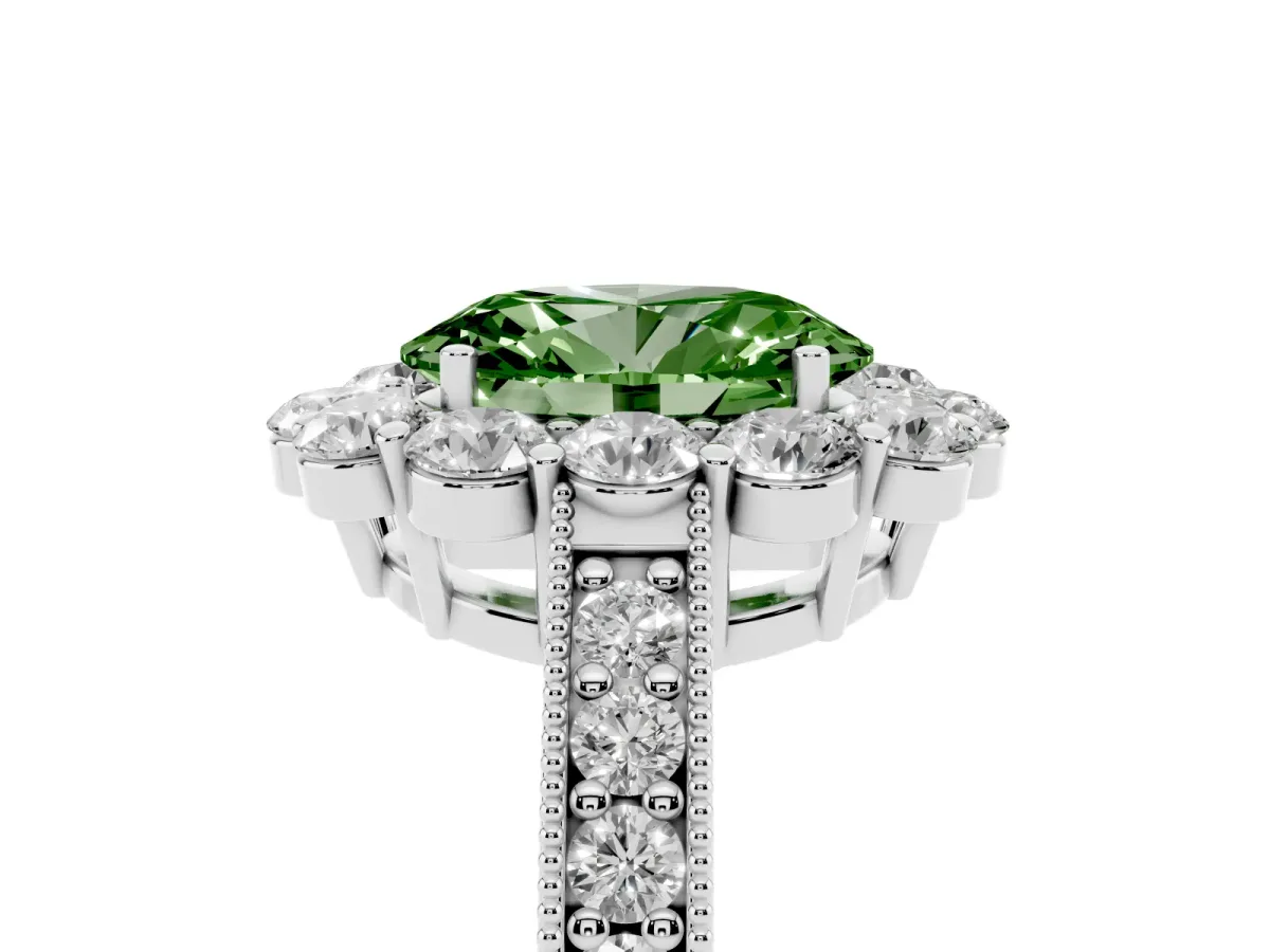 Fancy Green Oval Cut Cut Halo Diamond Pavé Engagement Ring with Milgrain Detailing Silver