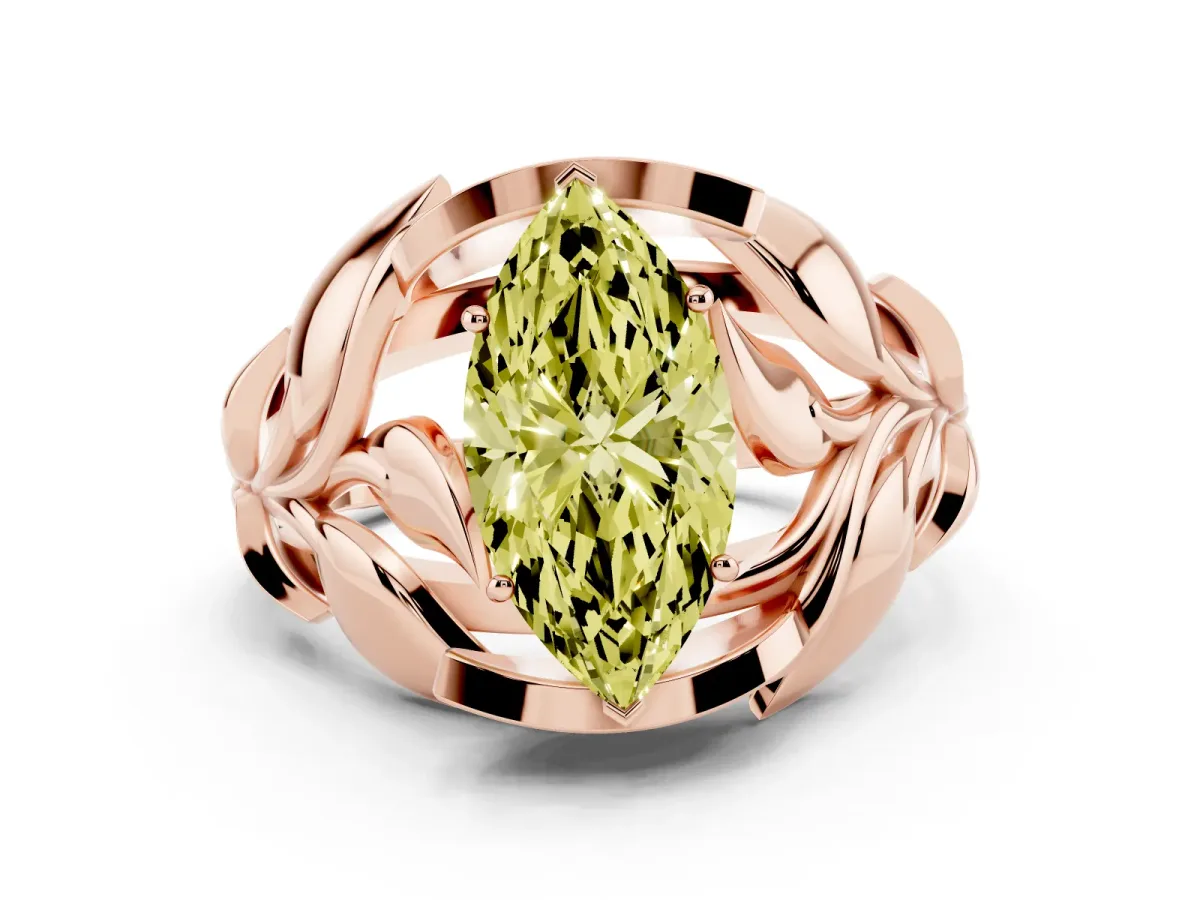Fancy Yellow Marquise Cut Diamond Leaf-Inspired Engagement Ring with Round Accents and Prong Setting Rose gold