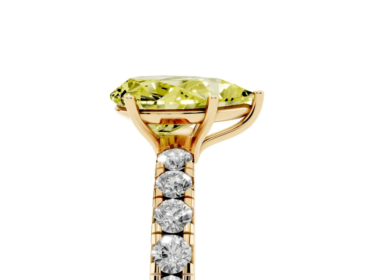 Fancy Yellow Pear Cut Diamond Pavé Solitaire Engagement Ring with Four-Prong Setting Yellow gold