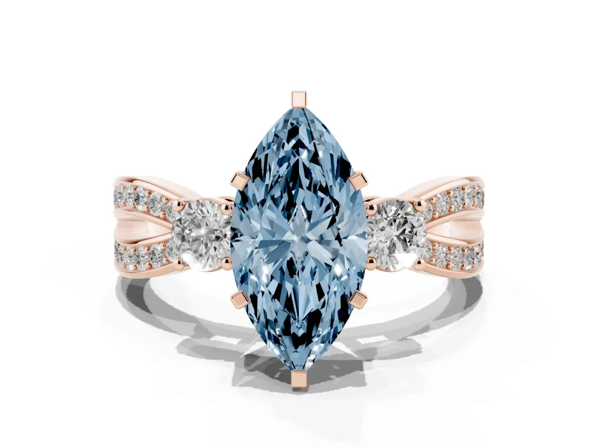 Fancy Blue Three-Stone Marquise Cut Cut Diamond Twist Band with Prong Setting Rose gold