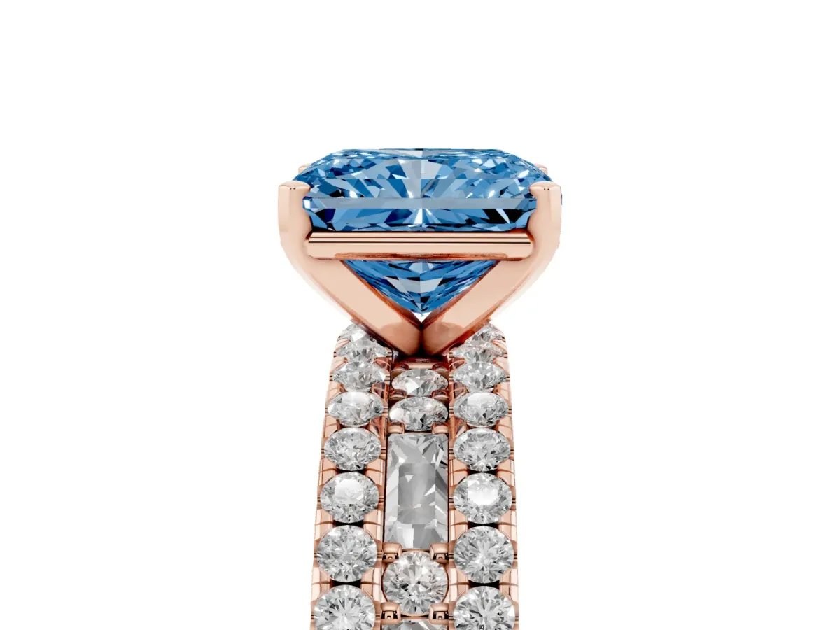 Fancy Blue Radiant Cut Diamond Solitaire Ring with Pavé and Channel Set Band Rose gold