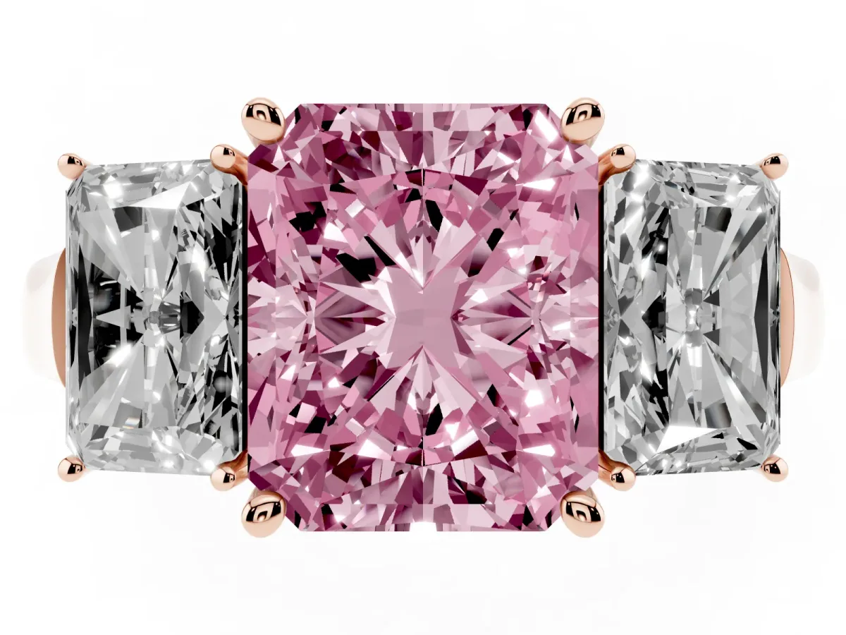 Fancy Pink Three-Stone Radiant Cut Brilliant Diamond Trellis Ring with Comfort Fit Band Rose gold