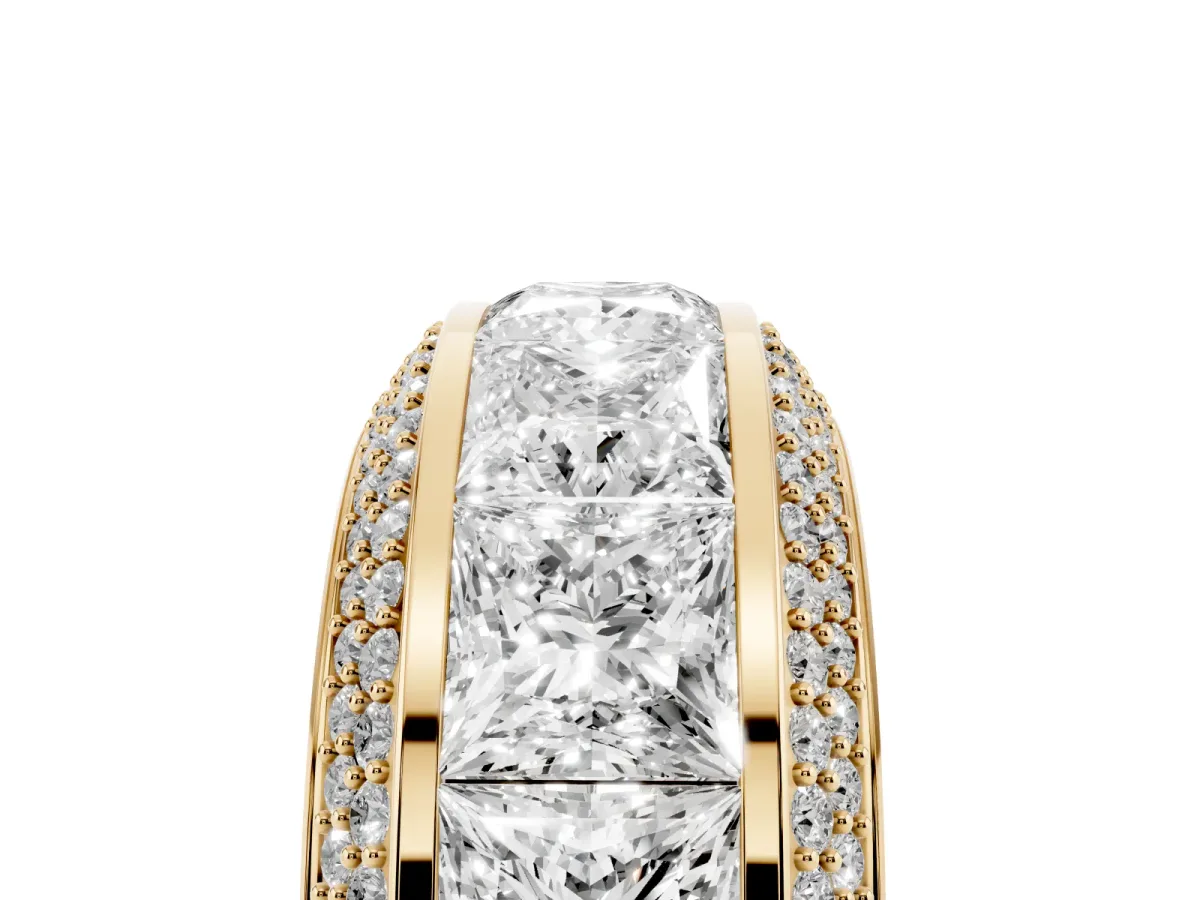 Princess Diamond Pavé Mens Wedding Band with Round Diamond Accents Yellow gold