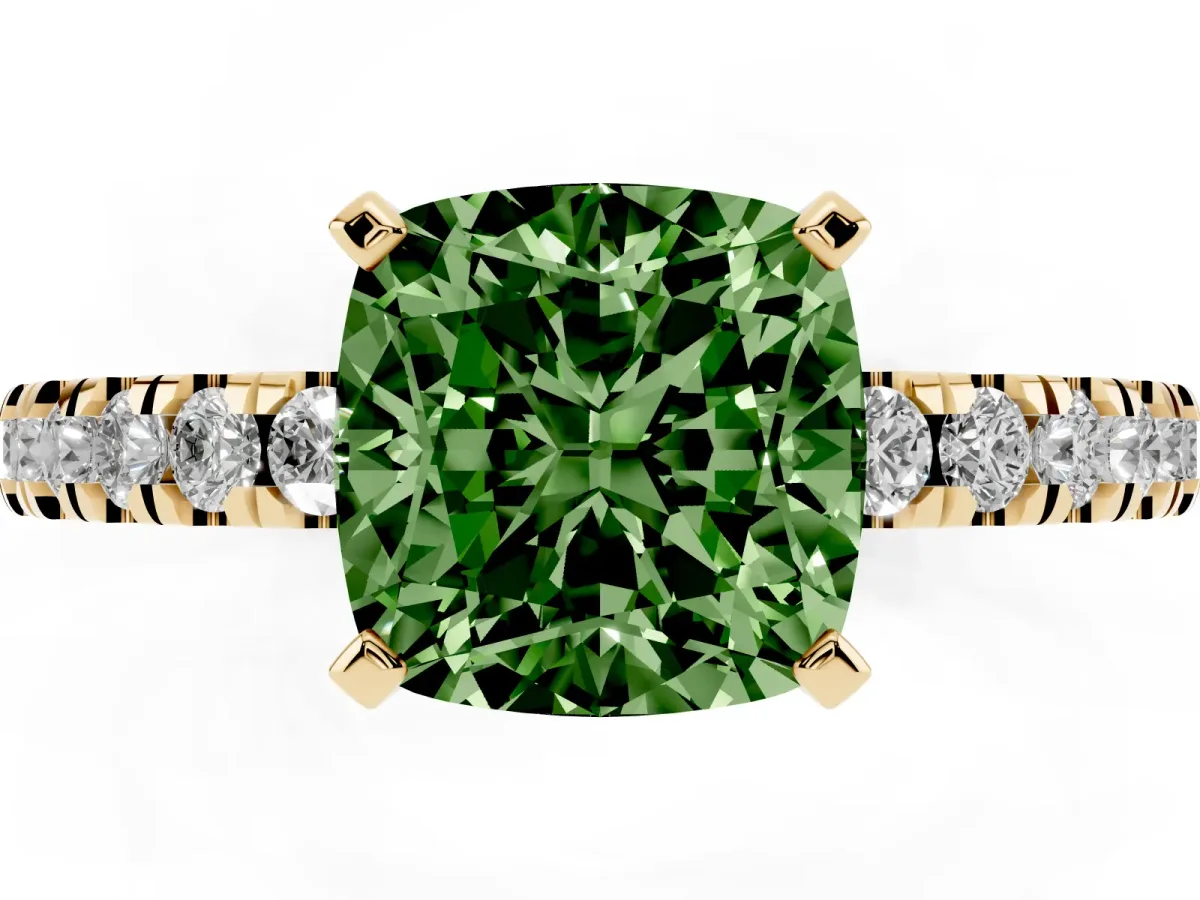 Fancy Green Cushion Cut Solitaire Diamond with Pavé Band and Four-Prong Setting Yellow gold